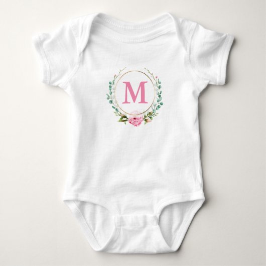 Elegant roze Rose en Monogram met Floral Wreate Romper (Voorkant)