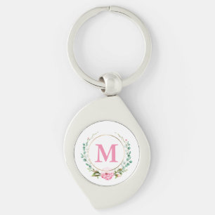 Elegant roze Rose en Monogram met Floral Wreate Sleutelhanger