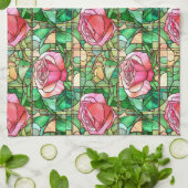 Elegant Roze Rose Faux Glas in lood Pattern Theedoek (Gevouwen)