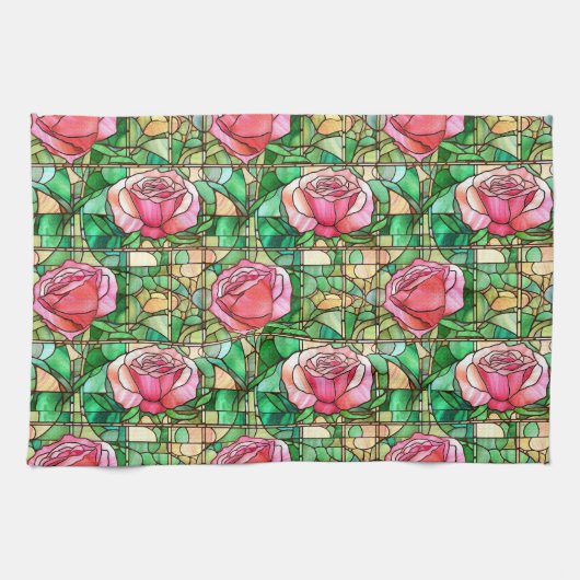 Elegant Roze Rose Faux Glas in lood Pattern Theedoek (Horizontaal)