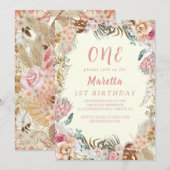 Elegant roze Rose First Birthday Party Kaart (Voorkant / Achterkant)