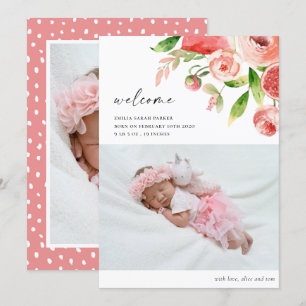 Elegant roze Rose Floral Foto Baby geboorte Aankondiging