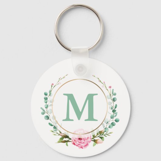 Elegant roze Rose Floral Wreatal met je monogram Sleutelhanger (Voorkant)