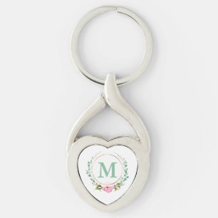 Elegant roze Rose Floral Wreate plus je monogram Sleutelhanger