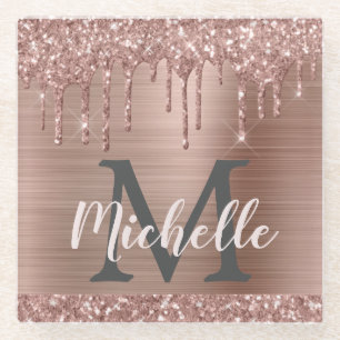 Elegant roze Rose Gold Glitter Drips Monogramed Glazen Onderzetter