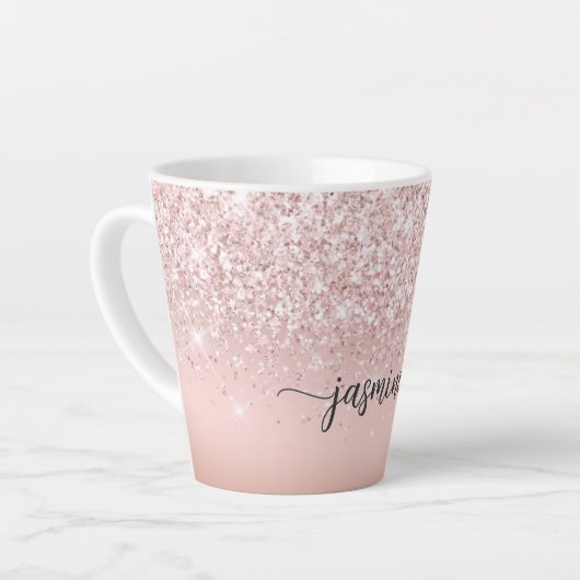 Elegant roze Rose Gold Glitter Monogram Naam Latte Mok (Linkerhoek)
