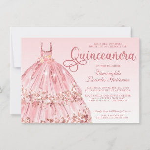Elegant roze Rose Gold Glitter Quinceañera Kaart