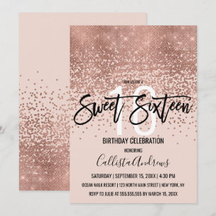 Elegant Roze Rose Goud Glitter Confetti Sweet 16 Kaart