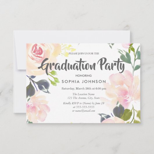 Elegant roze Rose Gradution Party Invite Kaart (Voorkant)