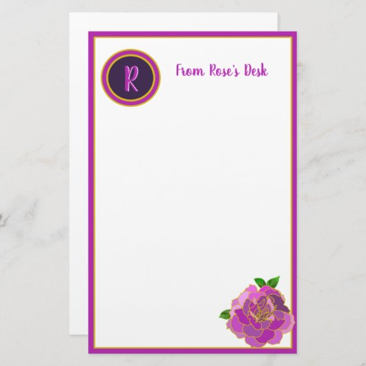 Elegant Roze Rose Monogram Script briefpapier (Voorkant / Achterkant)