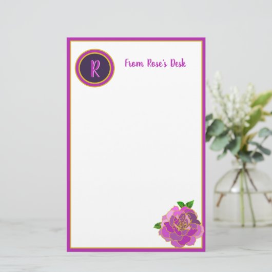 Elegant Roze Rose Monogram Script briefpapier (Staand voorkant)