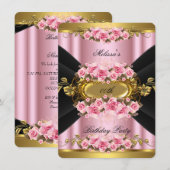 Elegant roze Roses Black Gold Birthday Party Kaart (Voorkant / Achterkant)
