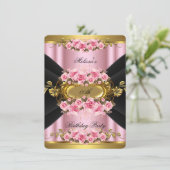 Elegant roze Roses Black Gold Birthday Party Kaart (Staand voorkant)