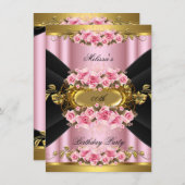 Elegant roze Roses Black Gold Birthday Party Kaart (Voorkant / Achterkant)