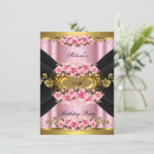 Elegant roze Roses Black Gold Birthday Party Kaart (Staand voorkant)