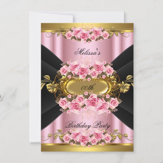 Elegant roze Roses Black Gold Birthday Party Kaart (Voorkant)