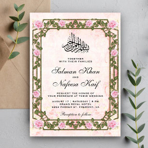 Elegant  Roze Roses Islamic Wedding Kaart