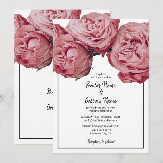 Elegant roze Roses Wedding Invitations Kaart (Voorkant / Achterkant)