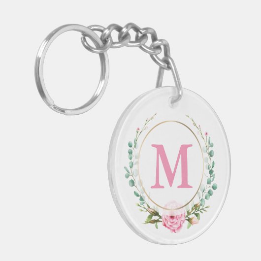 Elegant Roze Roze Monogram Floral met acryl Sleutelhanger (Voorkant Links)