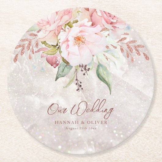 Elegant Roze Roze Pioen Bloemen Marmer Bruiloft Ronde Kartonnen Onderzetter (Voorkant)