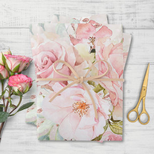 Elegant Roze Roze Pioen Bloemen Marmer Glitter Inpakpapier Vel