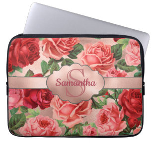 Elegant  roze roze rozen bloemen monogrammen laptop sleeve