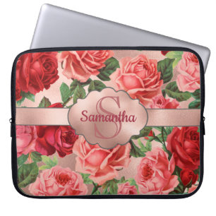 Elegant  roze roze rozen bloemen monogrammen laptop sleeve