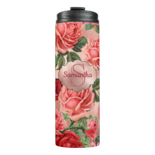 Elegant  roze roze rozen bloemen monogrammen thermosbeker
