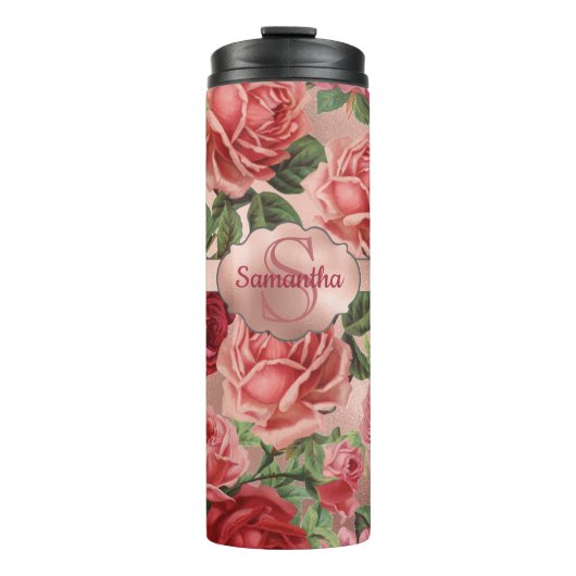 Elegant roze roze rozen bloemen monogrammen thermosbeker (Voorkant)
