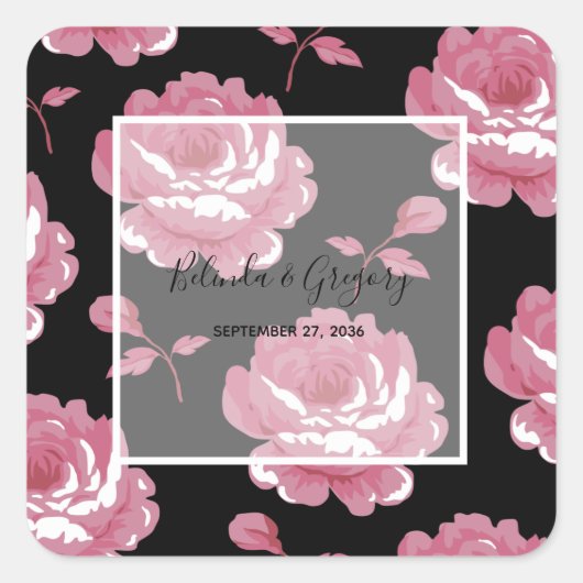 Elegant roze  Rozen bruiloft Vierkante Sticker (Voorkant)