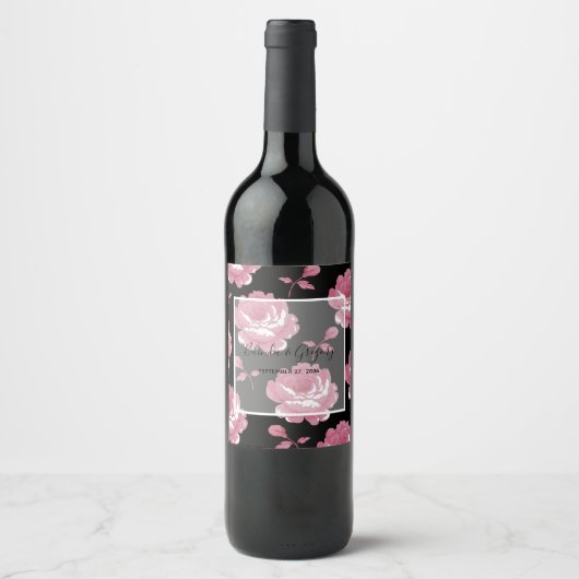 Elegant roze Rozen bruiloft Wijn Etiket (Voorkant)
