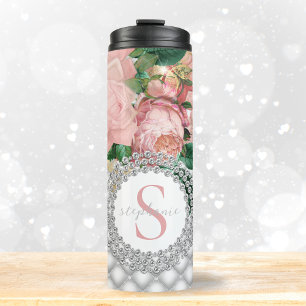 Elegant Roze Rozen Diamanten Monogram Thermosbeker