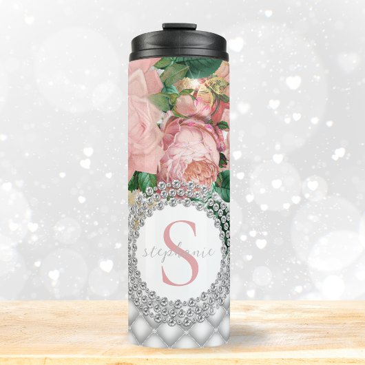 Elegant Roze Rozen Diamanten Monogram Thermosbeker