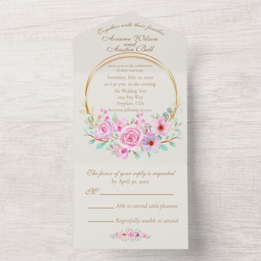 Elegant roze rozen en goudgeometrische cirkel all in one uitnodiging (Binnen)