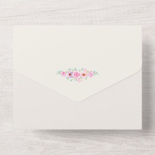 Elegant roze rozen en goudgeometrische cirkel all in one uitnodiging (Achterkant)