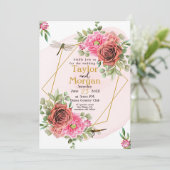 Elegant roze rozen en libellen bruiloft kaart (Staand voorkant)