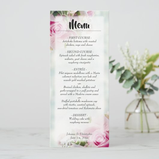 Elegant roze rozen en pony Buds Floral Wedding Menu (Staand voorkant)