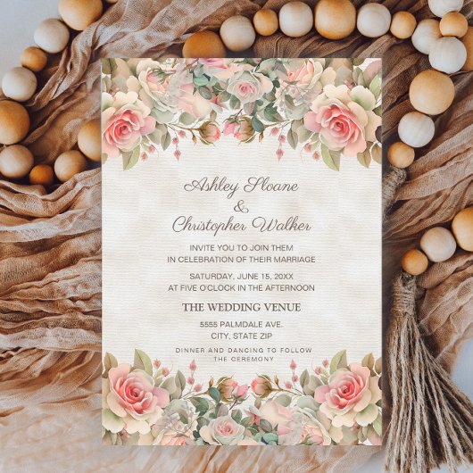 Elegant roze rozen huwelijk kaart