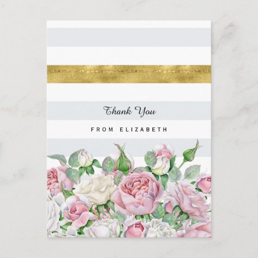 Elegant roze rozen met FAUX Gold Stripe Hartelijk  Briefkaart (Voorkant)