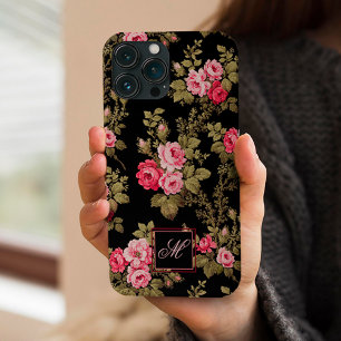 Elegant roze rozen met monogram-zwarte achtergrond iPhone 12 hoesje