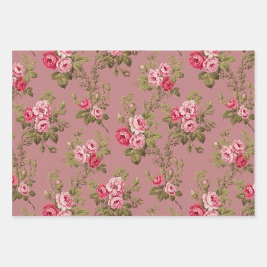 Elegant Roze Rozen op Maroon/Buff/Oud Roos Inpakpapier Vel (Voorkant)