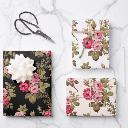 Elegant Roze  Rozen op Zwart/Wit/Buff BG Inpakpapier Vel (Voorkant)