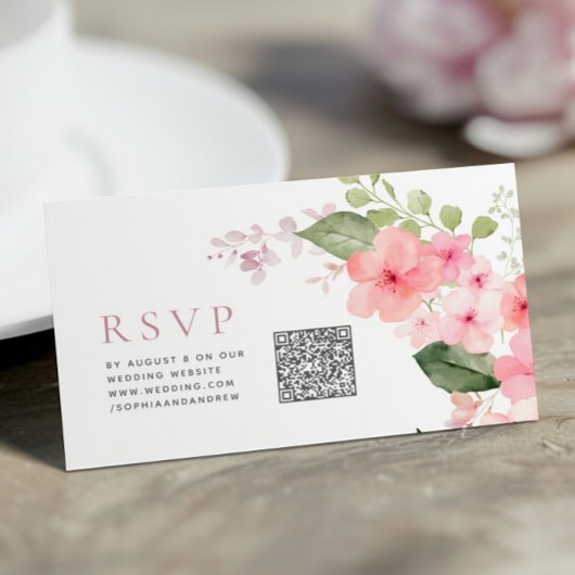 Elegant Roze Sakura Bloemen Bruiloft QR Code RSVP Informatiekaartje