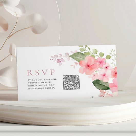 Elegant Roze Sakura Bloemen Bruiloft QR Code RSVP Informatiekaartje