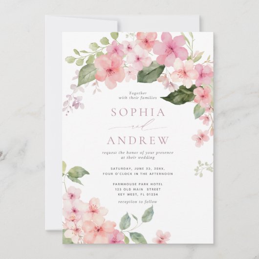 Elegant Roze Sakura Bloemen Bruiloft Uitnodiging (Voorkant)