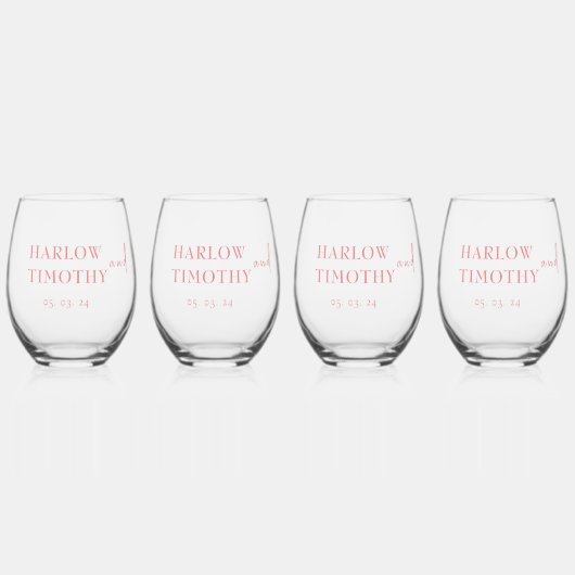Elegant Roze Script Bruiloft Drinkware Set Wijnglas Zonder Voet (Voorkant)