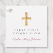 Elegant Roze Script Cross Eerste Communie Bedankjes Labels (Voorkant)