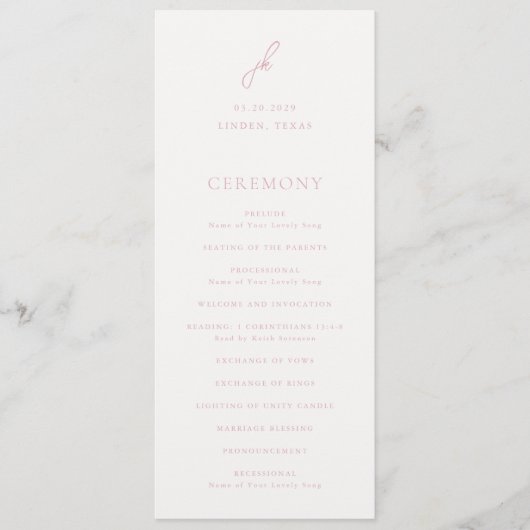 Elegant roze script monogram bruiloft programma (Voorkant)