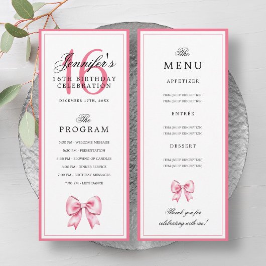 Elegant Roze Strik 16e Verjaardag Programma Menu