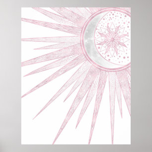 Elegant roze Sun Moon Doodle Mandala White Design Poster